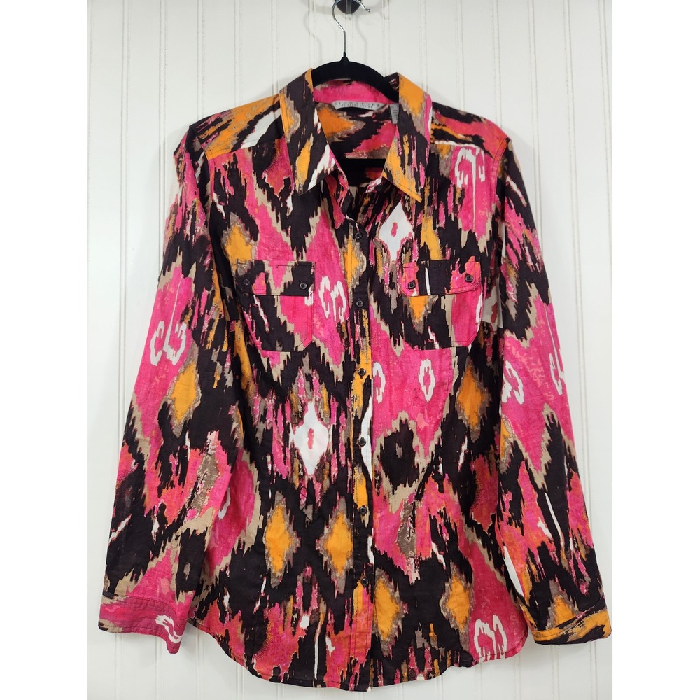 Larry Levine Women's Pink Orange Ikat Diamond Print Cotton Button Down XL Sheer